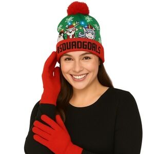 Capelli New York Christmas Hat Gloves M/L LED Light Up Squad Goals Green Red NEW
